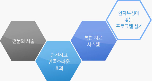 전문의 시술, 안전하고 만족스러운 효과, 복합치료시스템, 환자특성에 맞는 프로그램 설계